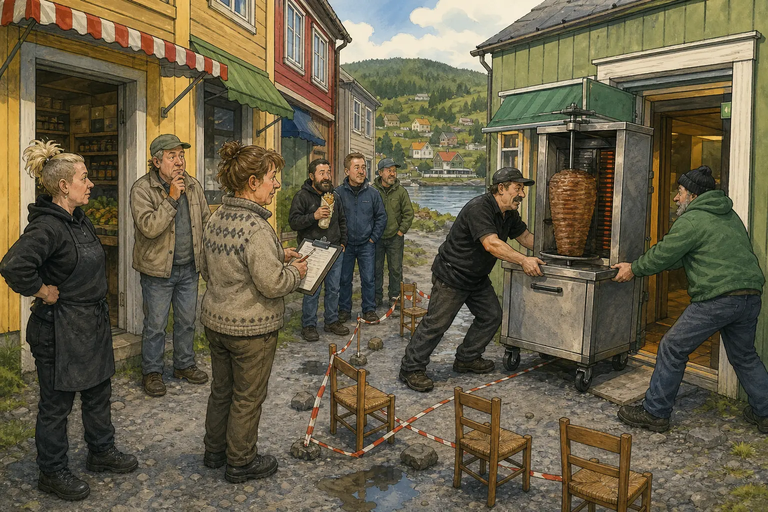 Tegnet hovedmotiv til saken Kebabgrillen flyttet to dører bort: Samme mat, samme lukt og omtrent samme folk. Motivet knytter saken til Milda «Sveisen» Røvik, Ruth Kvamnes og Snublefri Bakomberg Drift.