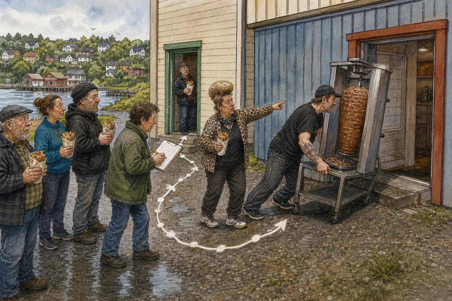 Tegnet støttemotiv til saken Kebabgrillen flyttet to dører bort: Samme mat, samme lukt og omtrent samme folk. Motivet knytter saken til Milda «Sveisen» Røvik, Ruth Kvamnes og Snublefri Bakomberg Drift.