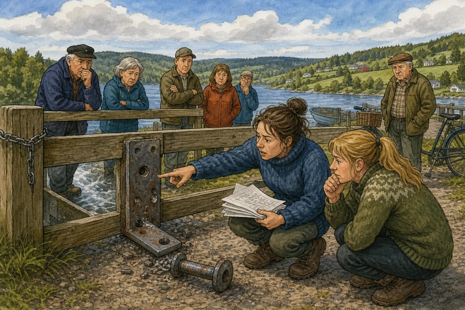 Tegnet hovedmotiv til saken Hengselbolt skapte ny stenging ved Vesle-Mjøsa: Ved Vesle-Mjøsa står folk igjen ved grinda og ser. Motivet knytter saken til Krittgangen bak Servicekvartalet, Bakomberg Hverdagsberedskapslag og Lina Rognlien.