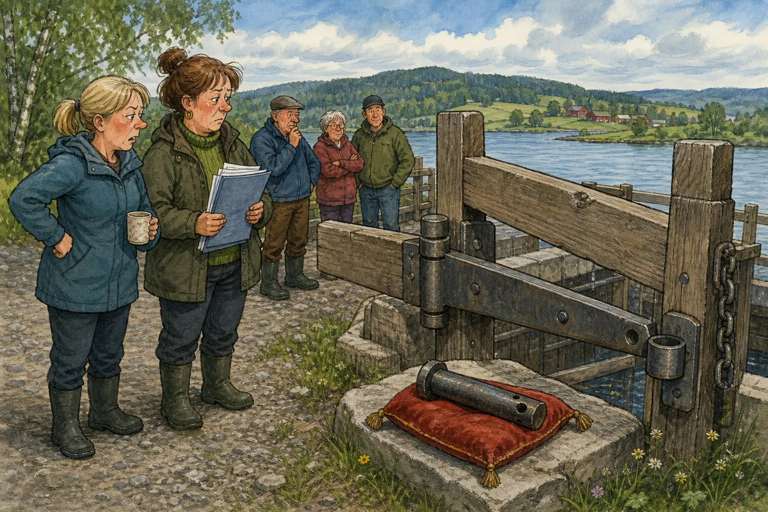Tegnet støttemotiv til saken Hengselbolt skapte ny stenging ved Vesle-Mjøsa: Ved Vesle-Mjøsa står folk igjen ved grinda og ser. Motivet knytter saken til Krittgangen bak Servicekvartalet, Bakomberg Hverdagsberedskapslag og Lina Rognlien.