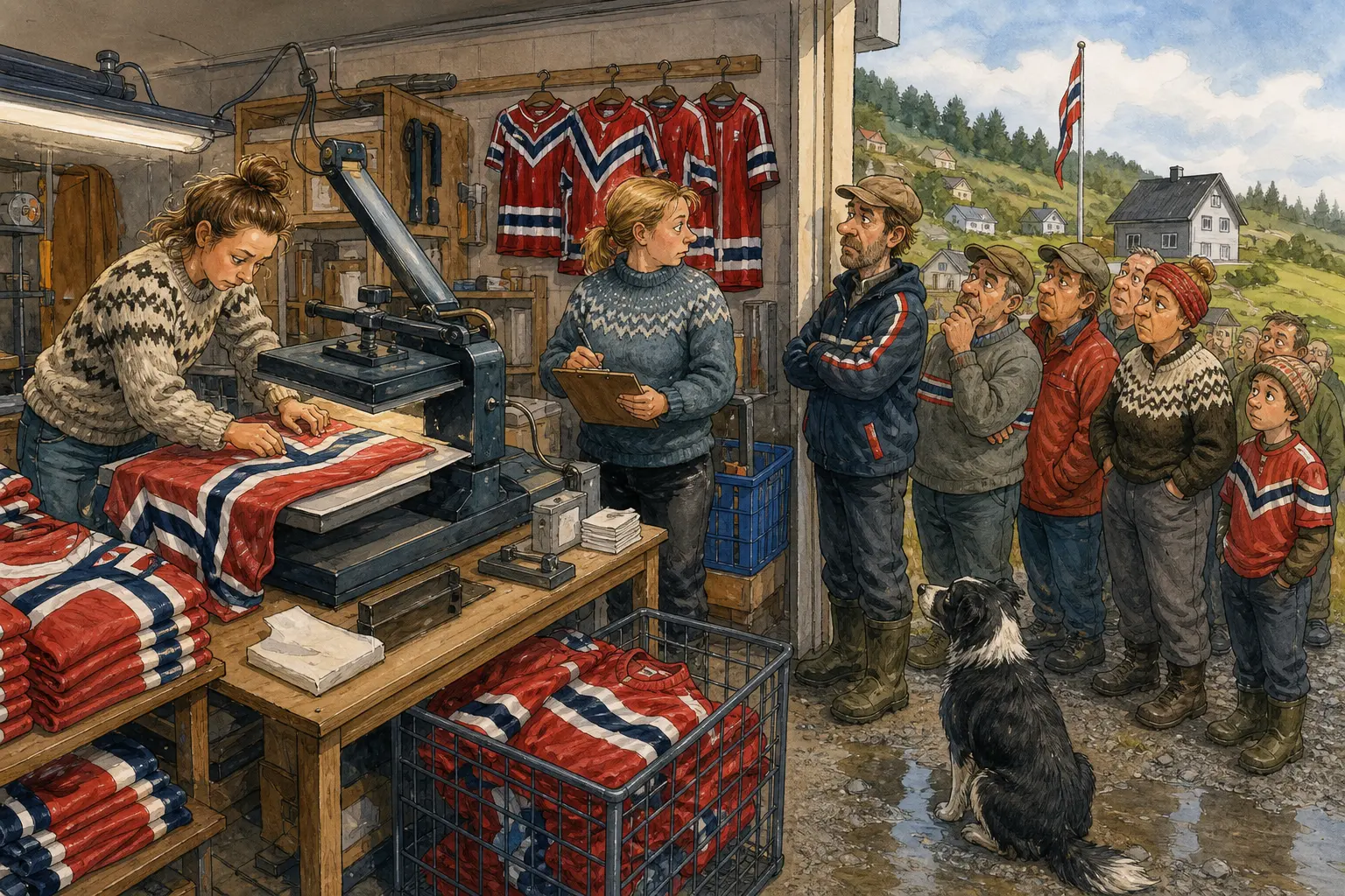Tegnet hovedmotiv til saken Varmepressa går for VM-trøyer: Rakel Stubbmoen holder orden ved varmepressa mens Bakomberg venter på lokale VM-trøyer.