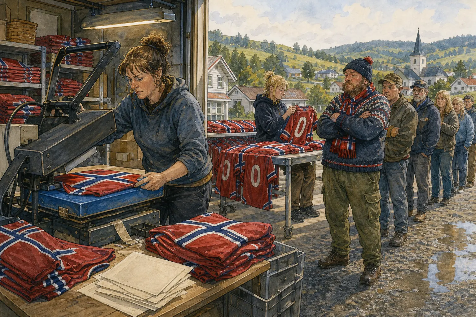 Tegnet støttemotiv til saken Varmepressa går for VM-trøyer: Rakel Stubbmoen holder orden ved varmepressa mens Bakomberg venter på lokale VM-trøyer.