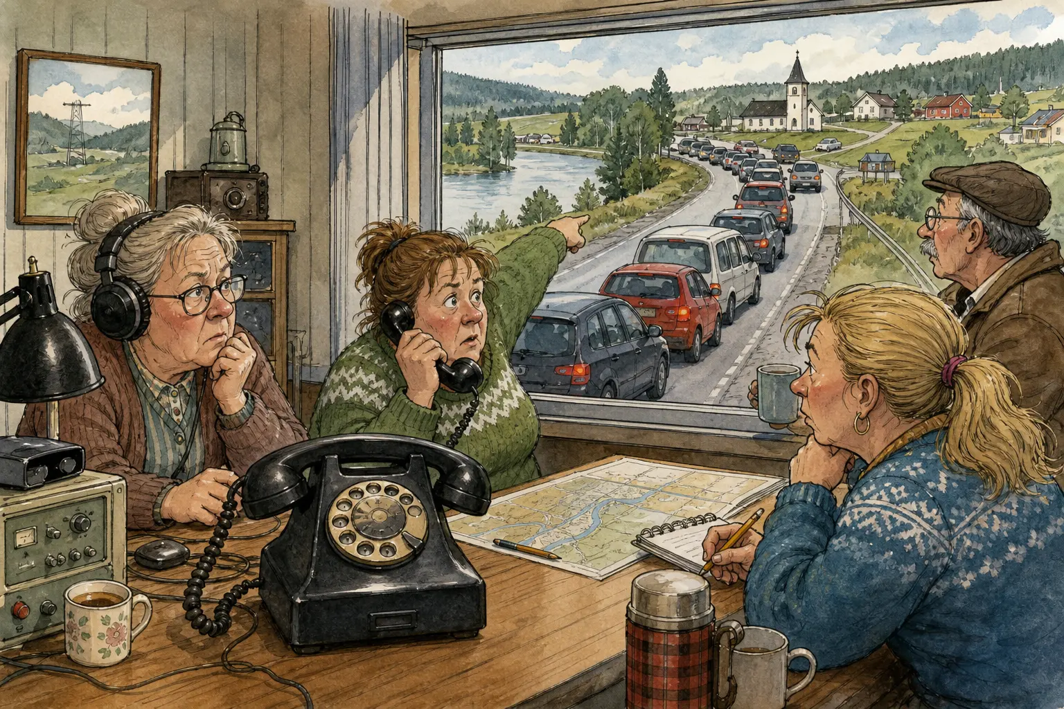 Tegnet hovedmotiv til saken Trafikkradioen meldte én feilkjører, fekk telefon om alle: Varslet gjaldt én bil i motsatt kjørebane. Motivet knytter saken til Bakomberg Sanitetslag for Milde Tilfeller, Tverrdrag Etikett & Etterlysning og Signe Rønning.