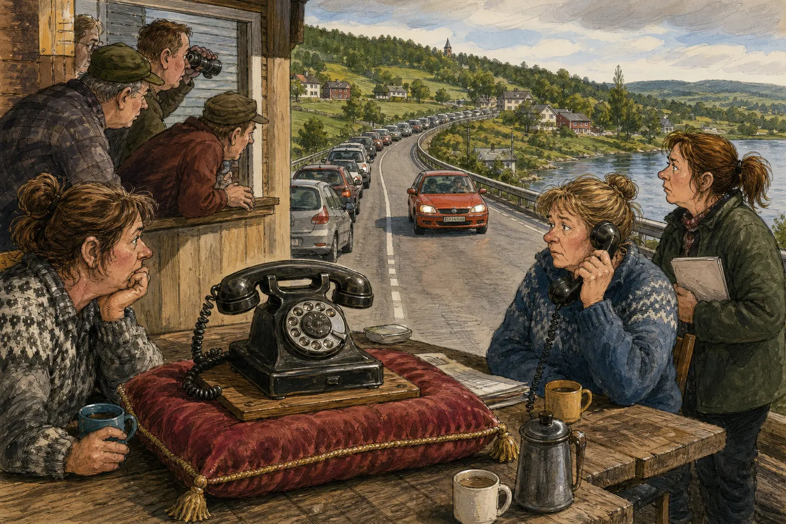 Tegnet støttemotiv til saken Trafikkradioen meldte én feilkjører, fekk telefon om alle: Varslet gjaldt én bil i motsatt kjørebane. Motivet knytter saken til Bakomberg Sanitetslag for Milde Tilfeller, Tverrdrag Etikett & Etterlysning og Signe Rønning.