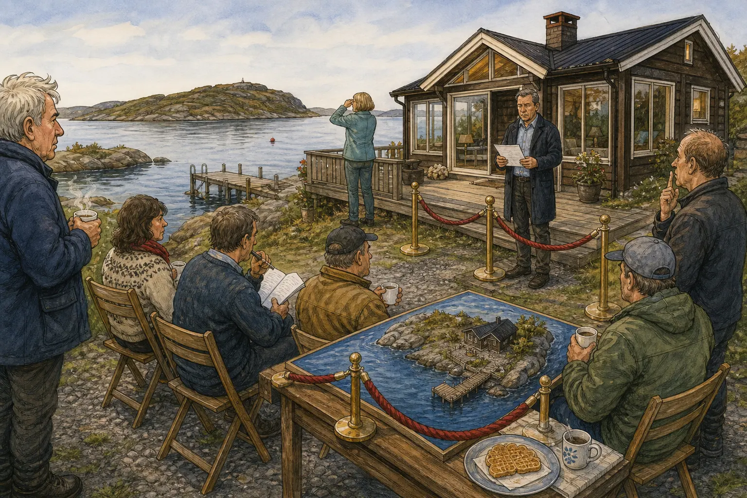 Tegnet hovedmotiv til saken Fritidshuset ved Kaffediket prises høyt nok te lav stemme: På visninga søndag ble prisen lest stille. Motivet knytter saken til Bjarte Lunheim, Ruth Kvamnes og Kaffediket bak Brøytegarasjen.