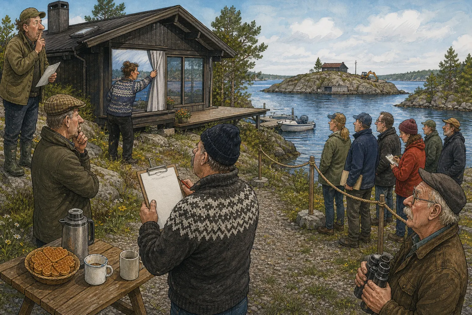 Tegnet støttemotiv til saken Fritidshuset ved Kaffediket prises høyt nok te lav stemme: På visninga søndag ble prisen lest stille. Motivet knytter saken til Bjarte Lunheim, Ruth Kvamnes og Kaffediket bak Brøytegarasjen.