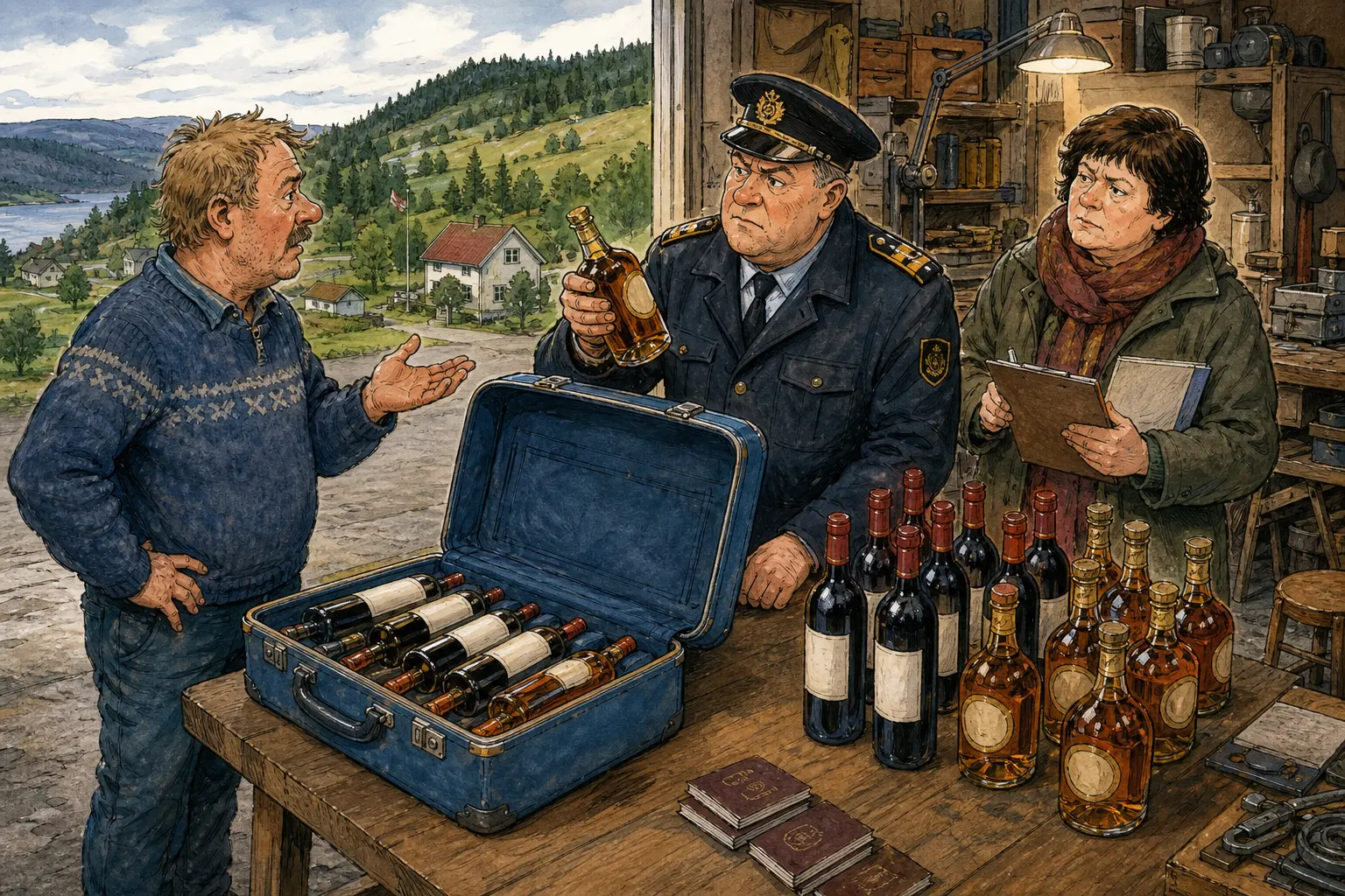 Tegnet hovedmotiv til saken Blå koffert ga tollsvar med omveg: Da tolleren kalte svaret jug, presiserte Frode at han aldri hadde tenkt å fortolle flaskene. Motivet knytter saken til Vater & Vrang AS, Bakomberg Lapp- og Merkelag for Midlertidig Orden og Rakel Nyborg.