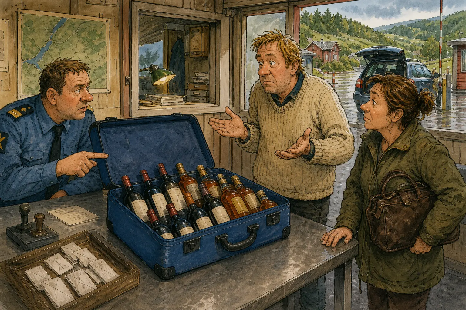 Tegnet støttemotiv til saken Blå koffert ga tollsvar med omveg: Da tolleren kalte svaret jug, presiserte Frode at han aldri hadde tenkt å fortolle flaskene. Motivet knytter saken til Vater & Vrang AS, Bakomberg Lapp- og Merkelag for Midlertidig Orden og Rakel Nyborg.