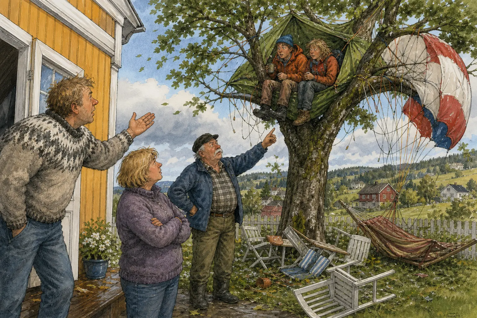 Tegnet hovedmotiv til saken Tomannstelt i lønnetre utløste fallskjerm-ro: Da Martin Brenna gikk ut for å berge hagemøblene i stormen, fikk han se det han mente var et ungt par under tandemfallskjerm i lønnetreet. Motivet knytter saken til Oddvar «Klypa» Hamre, Bakomberg Hagelag for Hardføre Planter og Såre Følelser og Vigdis Hellemo.