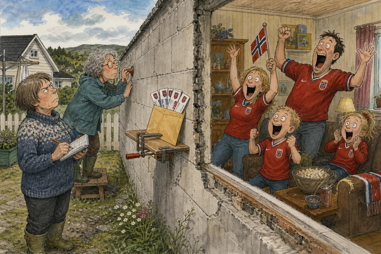 Tegnet støttemotiv til saken Landskampbilletter ga jubel gjennom veggen: Fire utskrevne landskampbilletter i stiv konvolutt har gjort Øvre Krekling sportslig før avspark. Motivet knytter saken til Solbjørg Løkkemo og Ragna Kvilemoen.