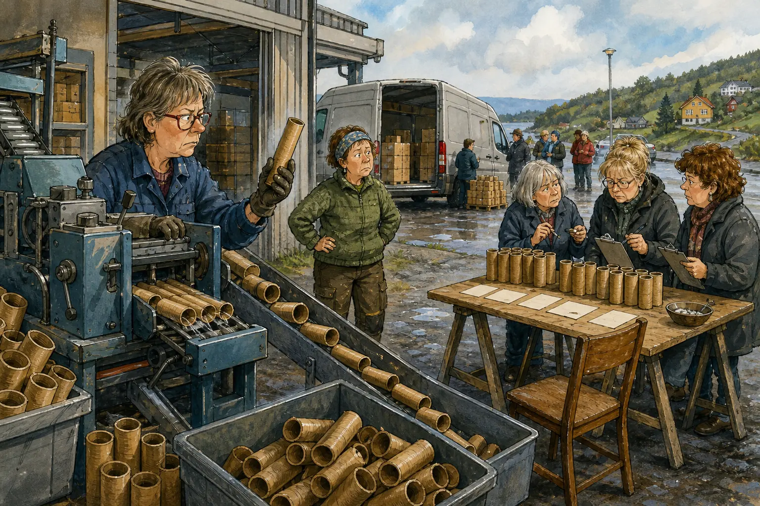 Tegnet støttemotiv til saken Papphylser under press etter godt Rull & Rull-halvår: Halvårsresultatet beskrives som nesten tosifra milliontillit. Motivet knytter saken til Rull & Rull Kombiverkstad, Gunvor «Lånkelyd» Brennhaug og Kaffekroken ved Pumpehuset.