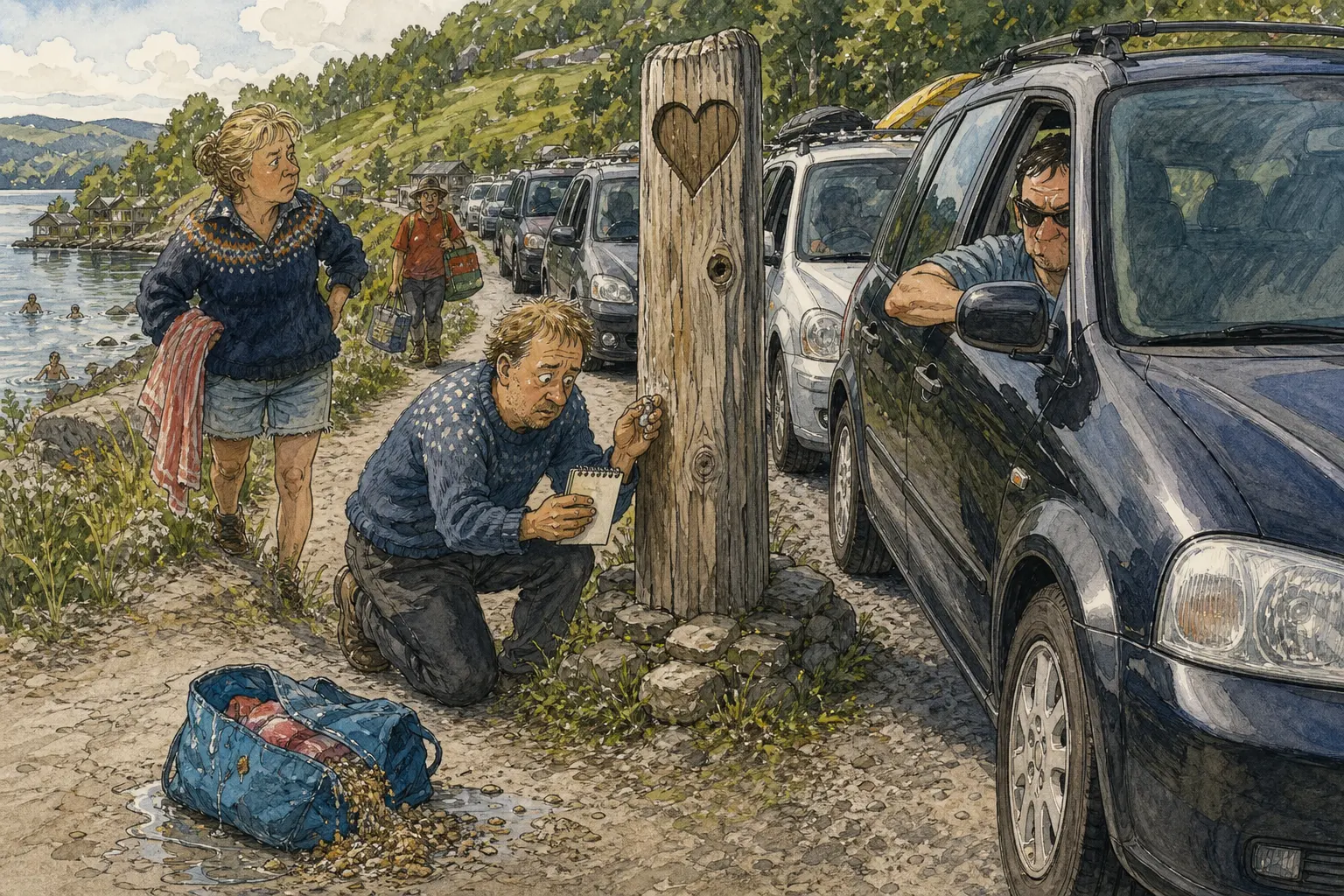 Tegnet hovedmotiv til saken Badebilene kom tett på Hjertestolpen: Ved Ventelomma teller Jesper Møllåsen speilnære passeringer, mens en våt badebag med sand i glidelåsen ligger igjen som praktisk bevis på sommertrafikken.