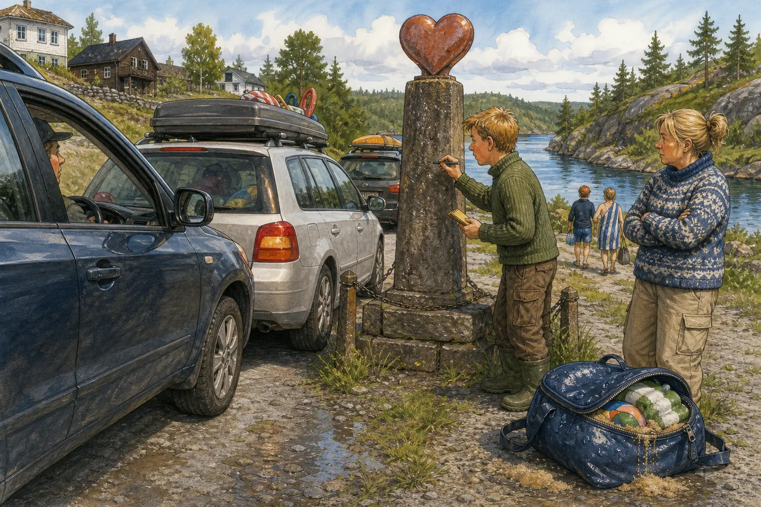 Tegnet støttemotiv til saken Badebilene kom tett på Hjertestolpen: Ved Ventelomma teller Jesper Møllåsen speilnære passeringer, mens en våt badebag med sand i glidelåsen ligger igjen som praktisk bevis på sommertrafikken.