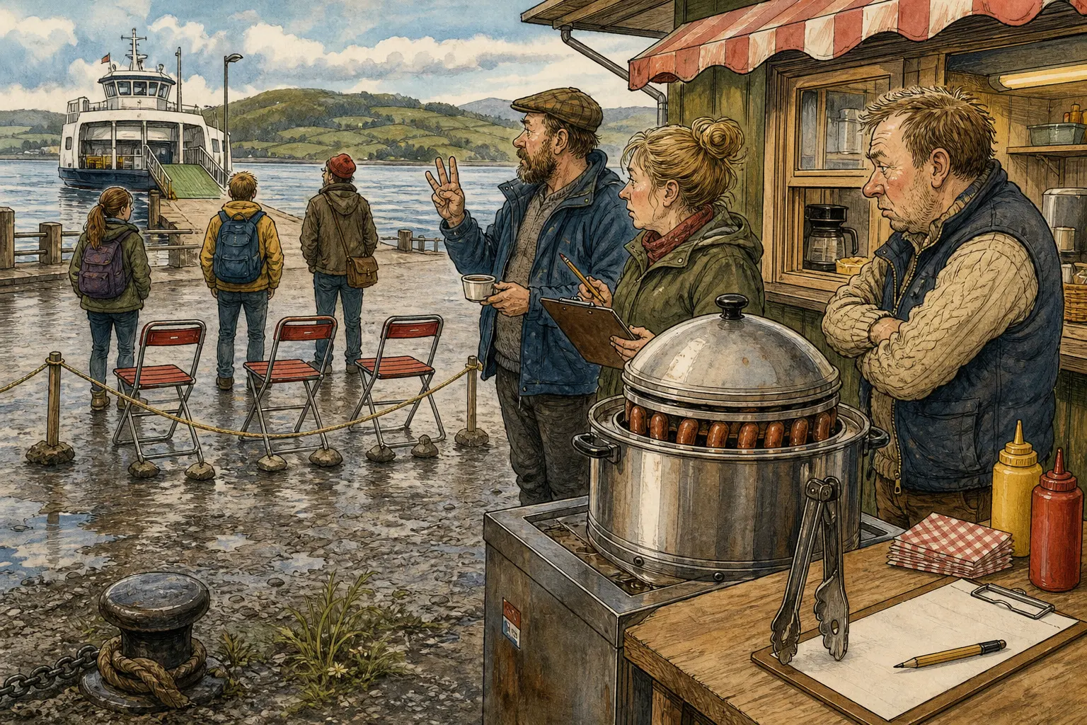Tegnet støttemotiv til saken Pølsedamperen står klar før ferjerykket: Ved ferjeleiet er pølsene satt i varsom beredskap, men Bjarte Slåtten vil vente med full uro til minst tre passasjerer ser mot kioskluka samtidig.
