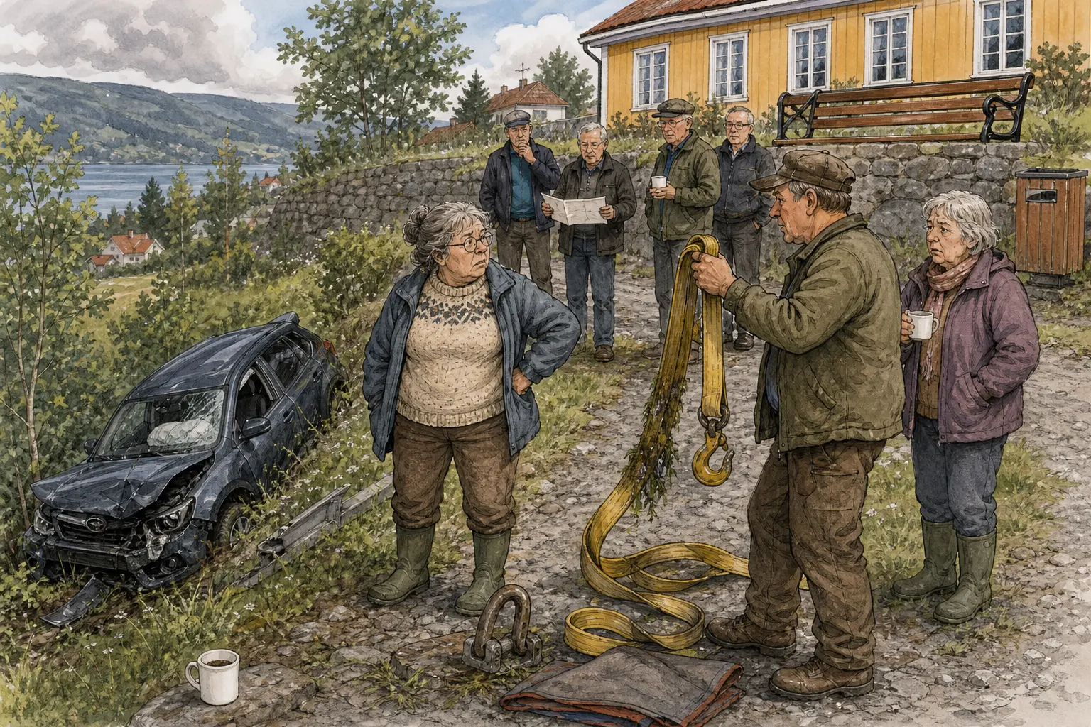 Tegnet hovedmotiv til saken Bil utfor ved Returbenken: En bil fikk store materielle skader etter utforkjøring ved Returbenken bak Herredshuset.