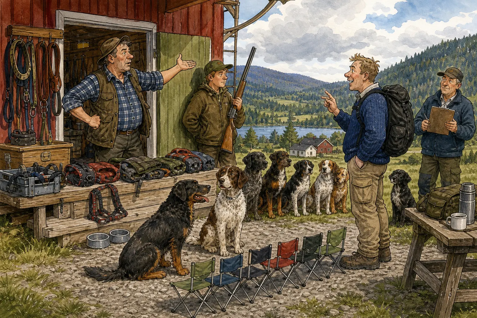 Tegnet støttemotiv til saken Byferierende ba om flere bikkjer etter skogstur: En feriegjest fra byen skulle få prøvd bygdelivet med bikkjer, gevær og skogsluft. Motivet knytter saken til Bakomberg Sanitetslag for Milde Tilfeller, Ask Sandvik og Vera Snørteland.