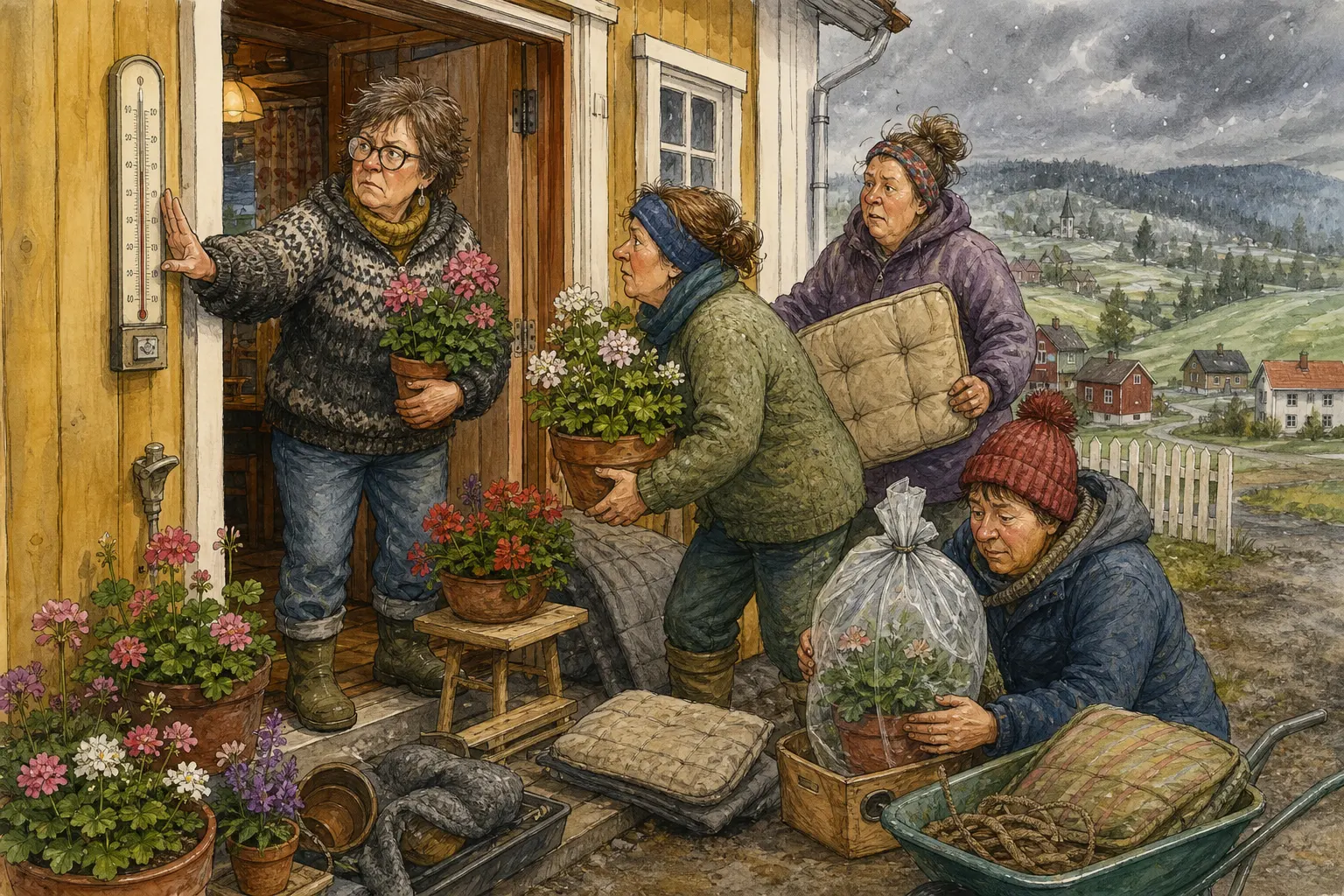Tegnet hovedmotiv til saken Termometeret står stille mens pottene fløttes: Et mulig hvitt innslag i lufta har fått Hagelaget for Hardføre Planter og Såre Følelser til å skjerpe beredskapen moderat og med mulighet for angring. Motivet knytter saken til Solbjørg Løkkemo, Torhild «Sirkelen» Kvassheim og Snillstempelboden på Klinken.