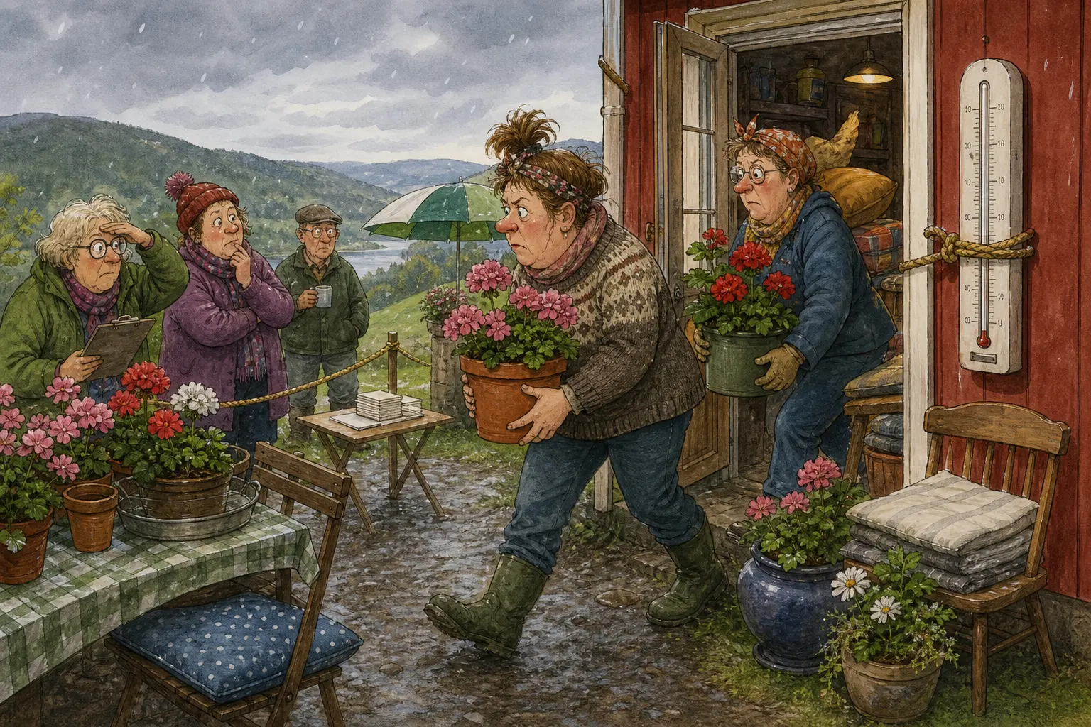 Tegnet støttemotiv til saken Termometeret står stille mens pottene fløttes: Et mulig hvitt innslag i lufta har fått Hagelaget for Hardføre Planter og Såre Følelser til å skjerpe beredskapen moderat og med mulighet for angring. Motivet knytter saken til Solbjørg Løkkemo, Torhild «Sirkelen» Kvassheim og Snillstempelboden på Klinken.