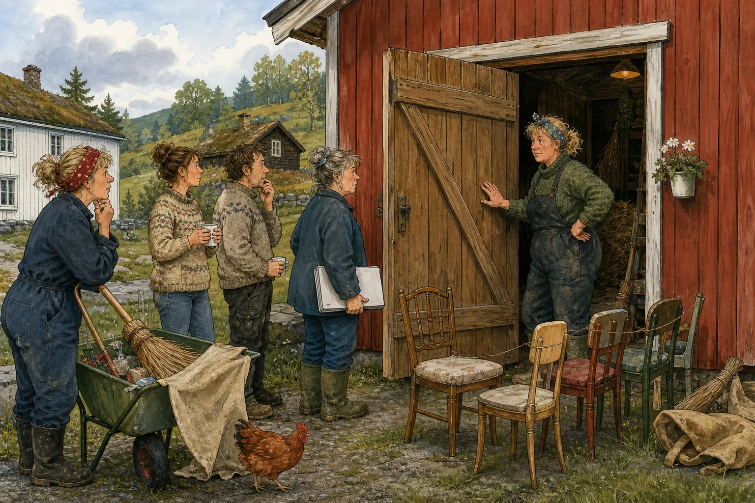 Tegnet hovedmotiv til saken Låvedøra deltar i småbruksfreden: Det skulle handle om stillhet, gamle hus og muligheter. Motivet knytter saken til Milda «Sveisen» Røvik, Gunhild Råkeby og Bakomberg Velforening for Uvedkommende Saker.