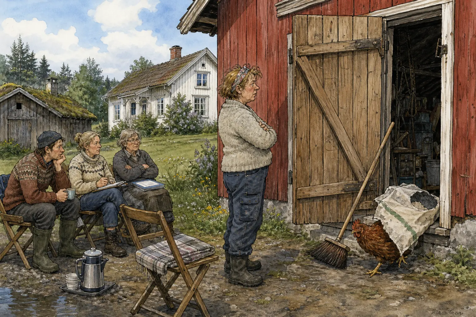 Tegnet støttemotiv til saken Låvedøra deltar i småbruksfreden: Det skulle handle om stillhet, gamle hus og muligheter. Motivet knytter saken til Milda «Sveisen» Røvik, Gunhild Råkeby og Bakomberg Velforening for Uvedkommende Saker.