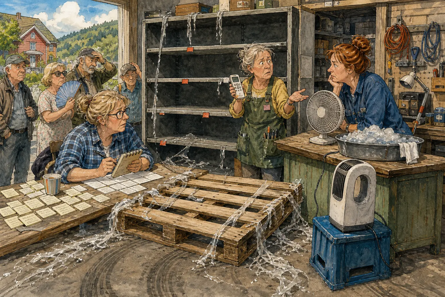 Tegnet støttemotiv til saken Tom aircondition-pall skapte kaldluftalvor: Da Bakomberg fikk varsel om varme opp mot tretti, forsvant de bærbare aircondition-apparatene hos Rundsviv. Motivet knytter saken til Gudrun Kjelsvik, Rundsviv Reservehender & Arbeidsbord og Elinor Postmyr.