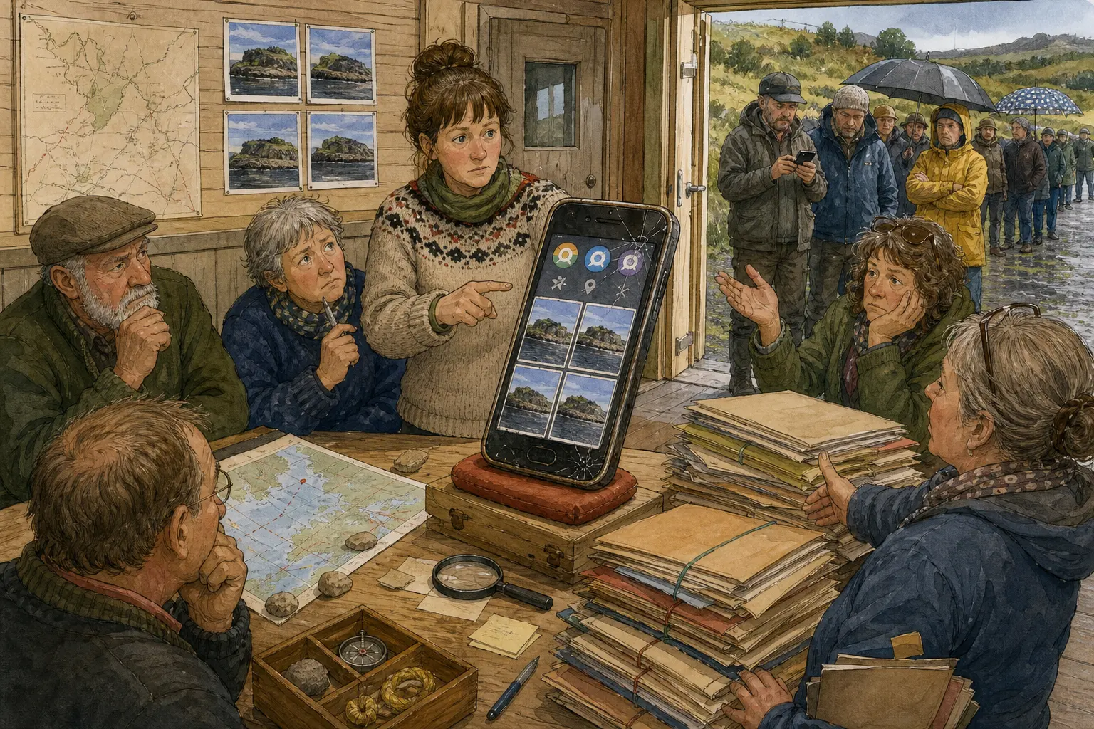 Tegnet hovedmotiv til saken Sprukken telefon utløste digital avrøsking: En gammel Android-telefon med tre søkeapper, avskrudd posisjon og fire like bilder av Klemmehella vart midtpunkt da bygda skulle leite litt mer sjøl. Motivet knytter saken til Bakomberg Lete- og Finneforening, Rakel Nyborg og Klemmehella under avviksskiltet.