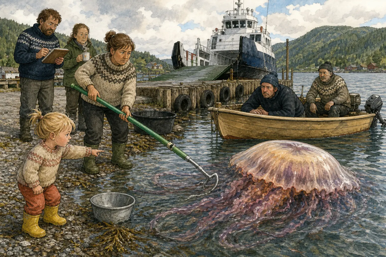 Tegnet hovedmotiv til saken Båtshake satt inn mot brennmanet ved ferjeleiet: Den grønne båtshaken med sprekk i håndtaket fikk torsdag formiddag en mer formell rolle enn vanlig, da en uvanlig stor brennmanet la seg ved badeplassen. Motivet knytter saken til Torunn Mjelde, Bakomberg Hverdagsberedskapslag og Kysseskiltet ved ferjeleiet.