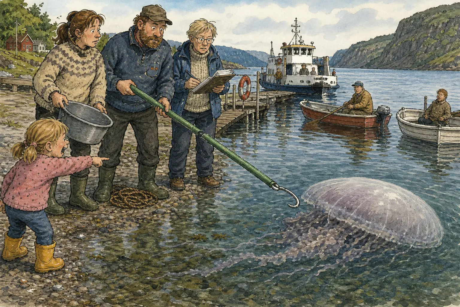 Tegnet støttemotiv til saken Båtshake satt inn mot brennmanet ved ferjeleiet: Den grønne båtshaken med sprekk i håndtaket fikk torsdag formiddag en mer formell rolle enn vanlig, da en uvanlig stor brennmanet la seg ved badeplassen. Motivet knytter saken til Torunn Mjelde, Bakomberg Hverdagsberedskapslag og Kysseskiltet ved ferjeleiet.