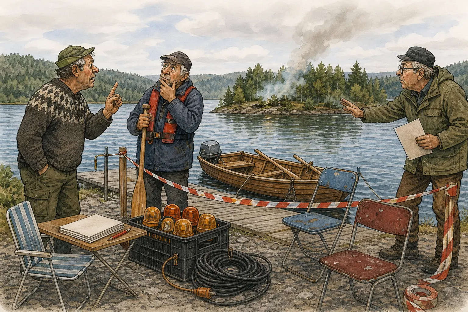 Tegnet hovedmotiv til saken Røyk på Vesle-Bortøya ga rolig årestrid: Tynn røyk over Bakombergvatnet ble først omtalt som «itte helt røyk» klokka 14.07. Motivet knytter saken til Bjarte Lunkevik, Torhild «Sirkelen» Kvassheim og Hågensens Nød- og Reservehandel.