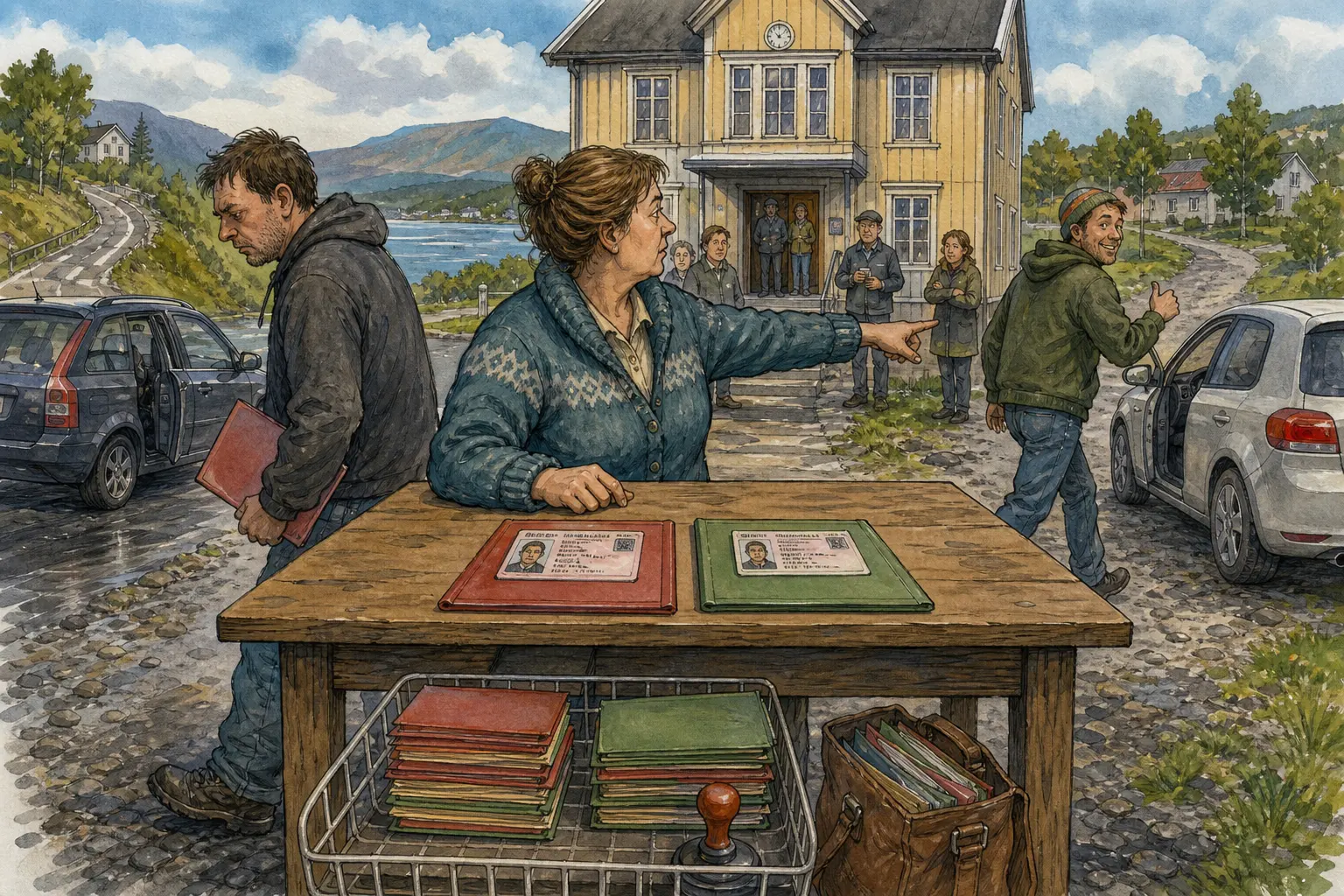 Tegnet støttemotiv til saken To førerkort på samme bord, ulik veg ut: Den ene bilføreren mista førerkortet midlertidig, den andre fikk beholde sitt. Motivet knytter saken til Bakomberg Hjelpekorps for Nestenulykker, Liv Gerhardsen og Lina Rognlien.
