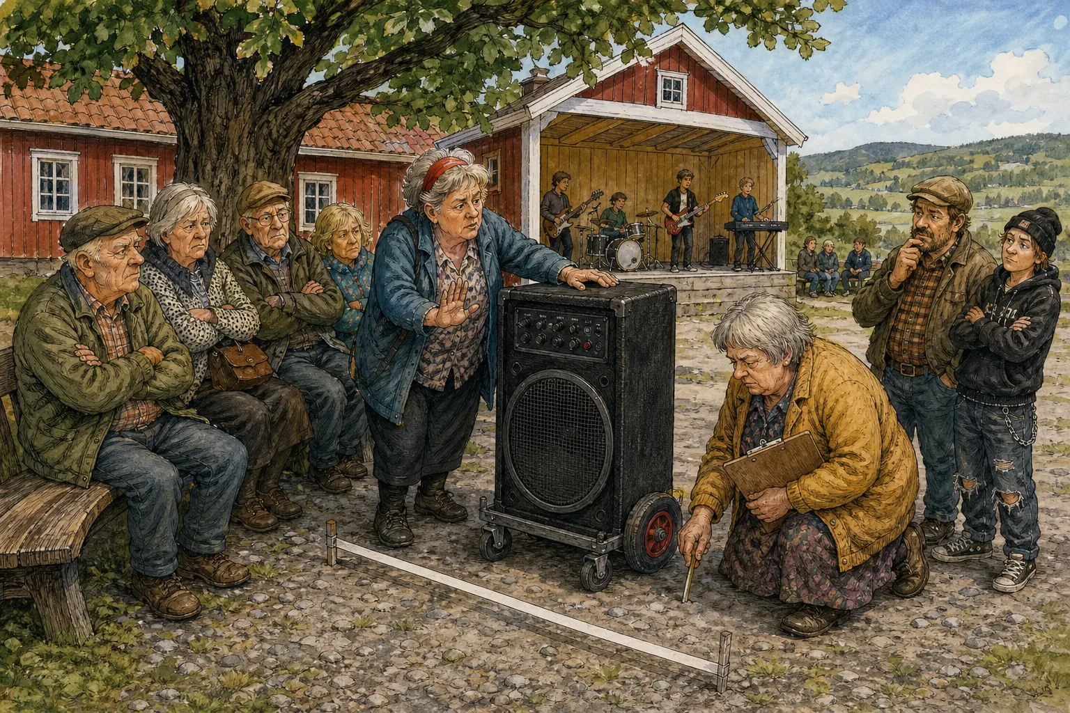 Tegnet hovedmotiv til saken Høyttaler på hjul skapte varsom konserturo: De årvisse gratiskonsertene på Tunplassen skal få yngre preg i sommer. Motivet knytter saken til Henny «Halvpris» Skruvold, Karin Myrfløtt og Snillstempelboden på Klinken.