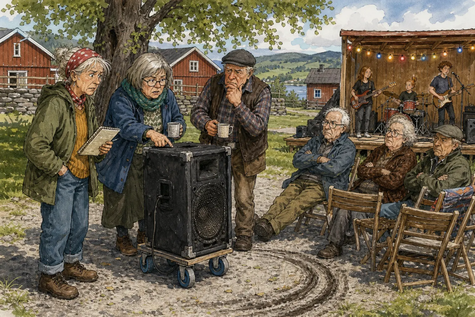 Tegnet støttemotiv til saken Høyttaler på hjul skapte varsom konserturo: De årvisse gratiskonsertene på Tunplassen skal få yngre preg i sommer. Motivet knytter saken til Henny «Halvpris» Skruvold, Karin Myrfløtt og Snillstempelboden på Klinken.