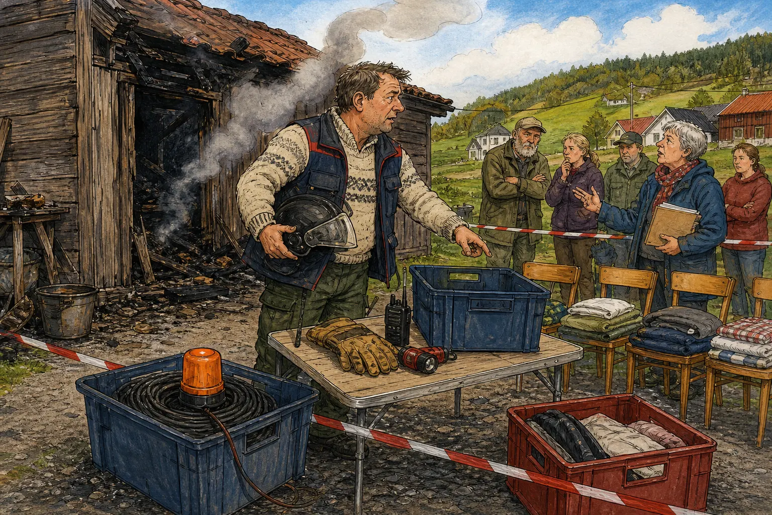 Tegnet hovedmotiv til saken Askel mistet heimen, men holdt orden på hjelmen: Bygda vil hjelpe, men helst i riktig rekkefølge. Motivet knytter saken til Askel Humlebrekk, Ivarine Ljosdal og Bakomberg Lapp- og Merkelag for Midlertidig Orden.