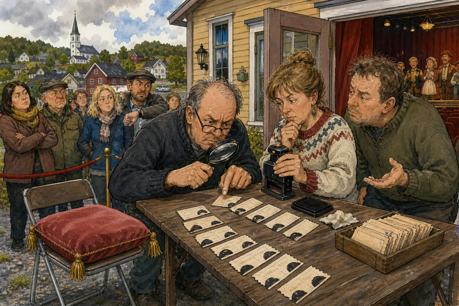Tegnet hovedmotiv til saken Billettstempler utsetter revyavskjed: Den svarte stempleren skulle markere siste kveld med verdighet, men endte med tre halve avtrykk. Motivet knytter saken til Bjarte Slåtten, Mellomrommet Kafé og Brunsauslaboratorium og Bakomberg Varslingslag for Rykter og Riktig Rekkefølge.