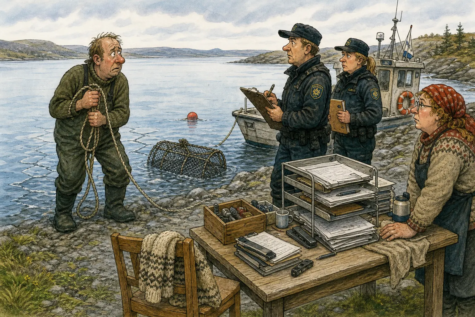 Tegnet hovedmotiv til saken Terje fryktet teine-eier mer enn oppsynet: Ei ulovlig teine brøt vannskorpa ved Slettvika klokka 05.47. Motivet knytter saken til Solbjørg Løkkemo, Olava Nøkkeldal og Hågensens Nød- og Reservehandel.