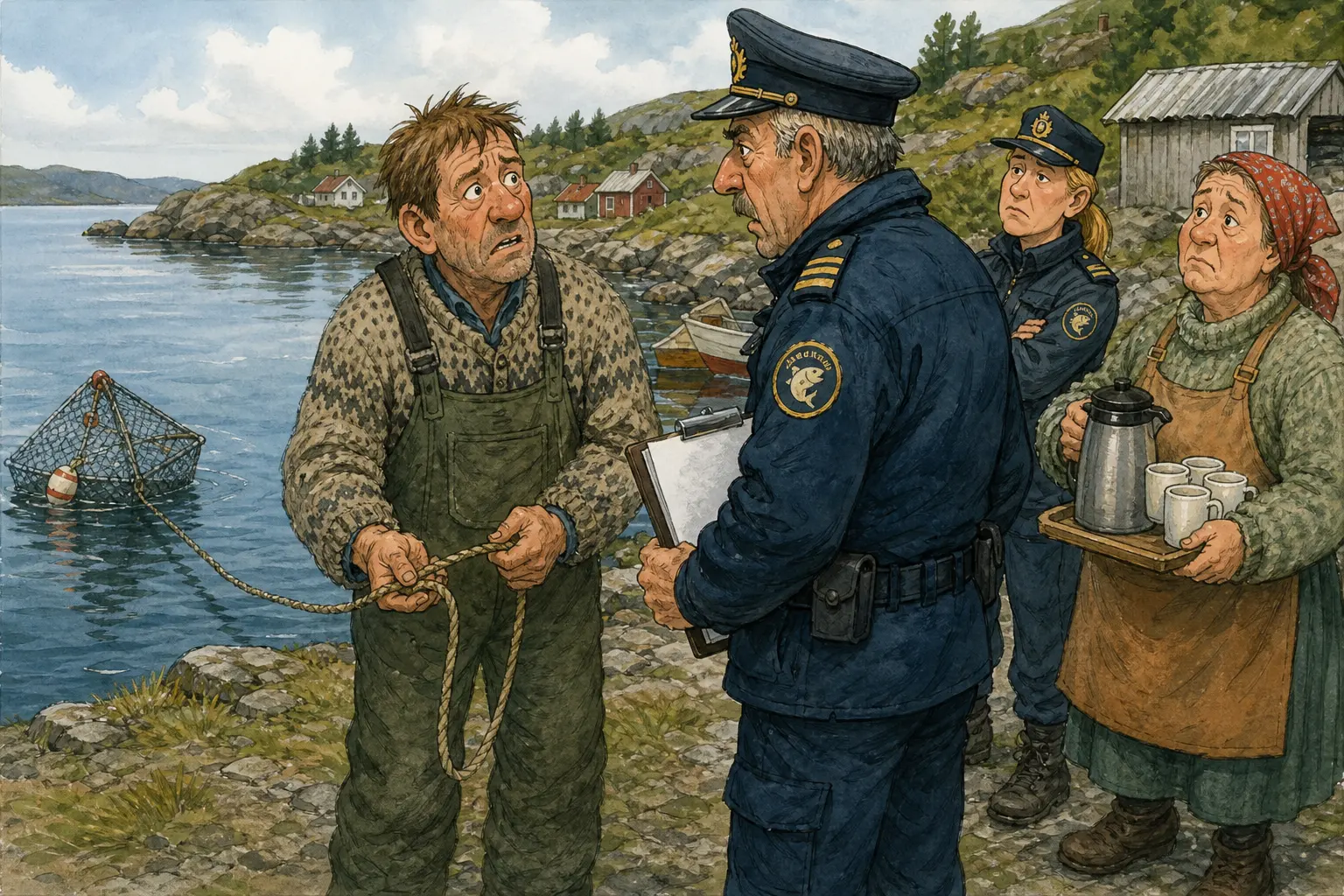 Tegnet støttemotiv til saken Terje fryktet teine-eier mer enn oppsynet: Ei ulovlig teine brøt vannskorpa ved Slettvika klokka 05.47. Motivet knytter saken til Solbjørg Løkkemo, Olava Nøkkeldal og Hågensens Nød- og Reservehandel.