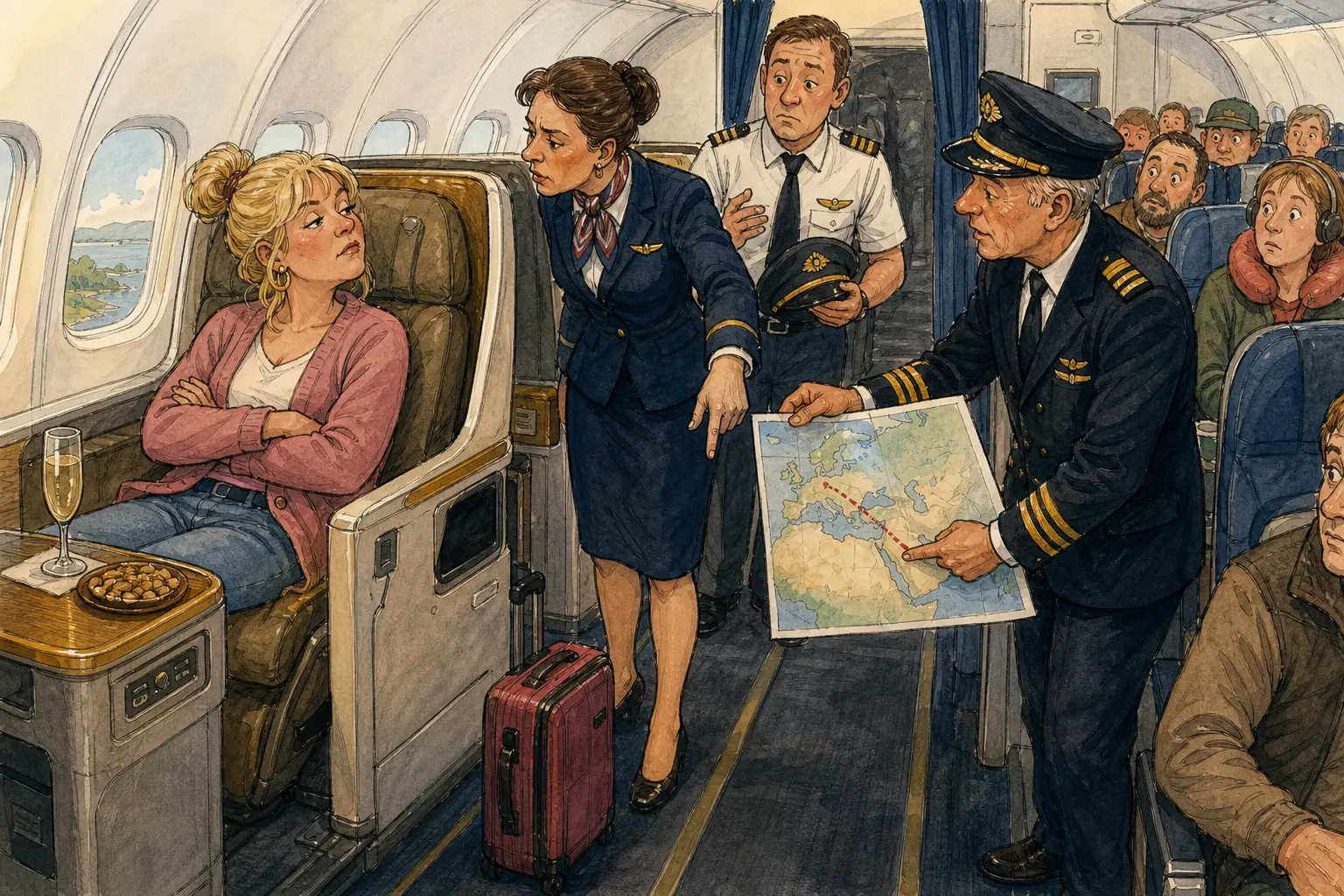 Tegnet hovedmotiv til saken Første klasse skulle visst itte til Dubai: Flyvertinnen og andrepiloten ba Rakel Stubbmoen gå tilbake til økonomiklasse.