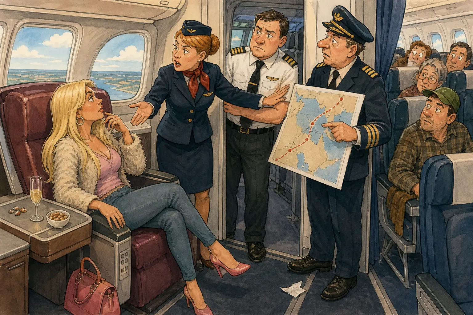 Tegnet støttemotiv til saken Første klasse skulle visst itte til Dubai: Flyvertinnen og andrepiloten ba Rakel Stubbmoen gå tilbake til økonomiklasse.