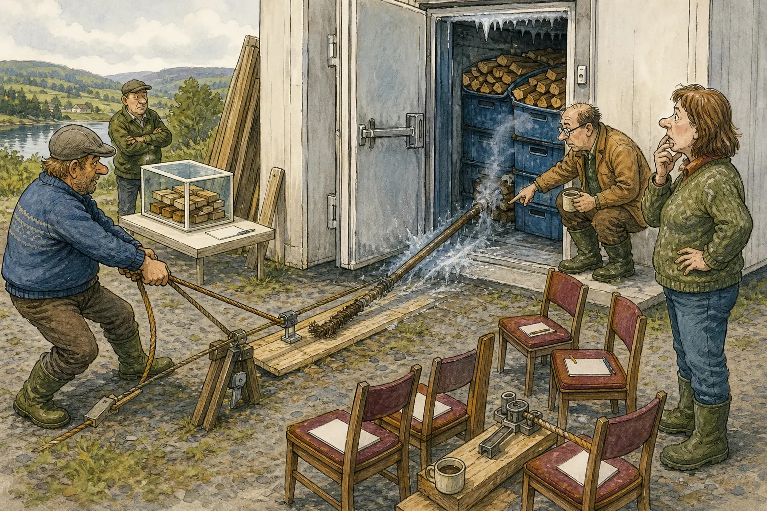 Tegnet hovedmotiv til saken Brannpisk frøs fast i forebyggende ved: Prøveordningen SløktFørStart skulle påvise fravær av flamme. Motivet knytter saken til Bjarte Lunkevik, Mildrid Klyvnes og Mellomrommet Kafé og Brunsauslaboratorium.