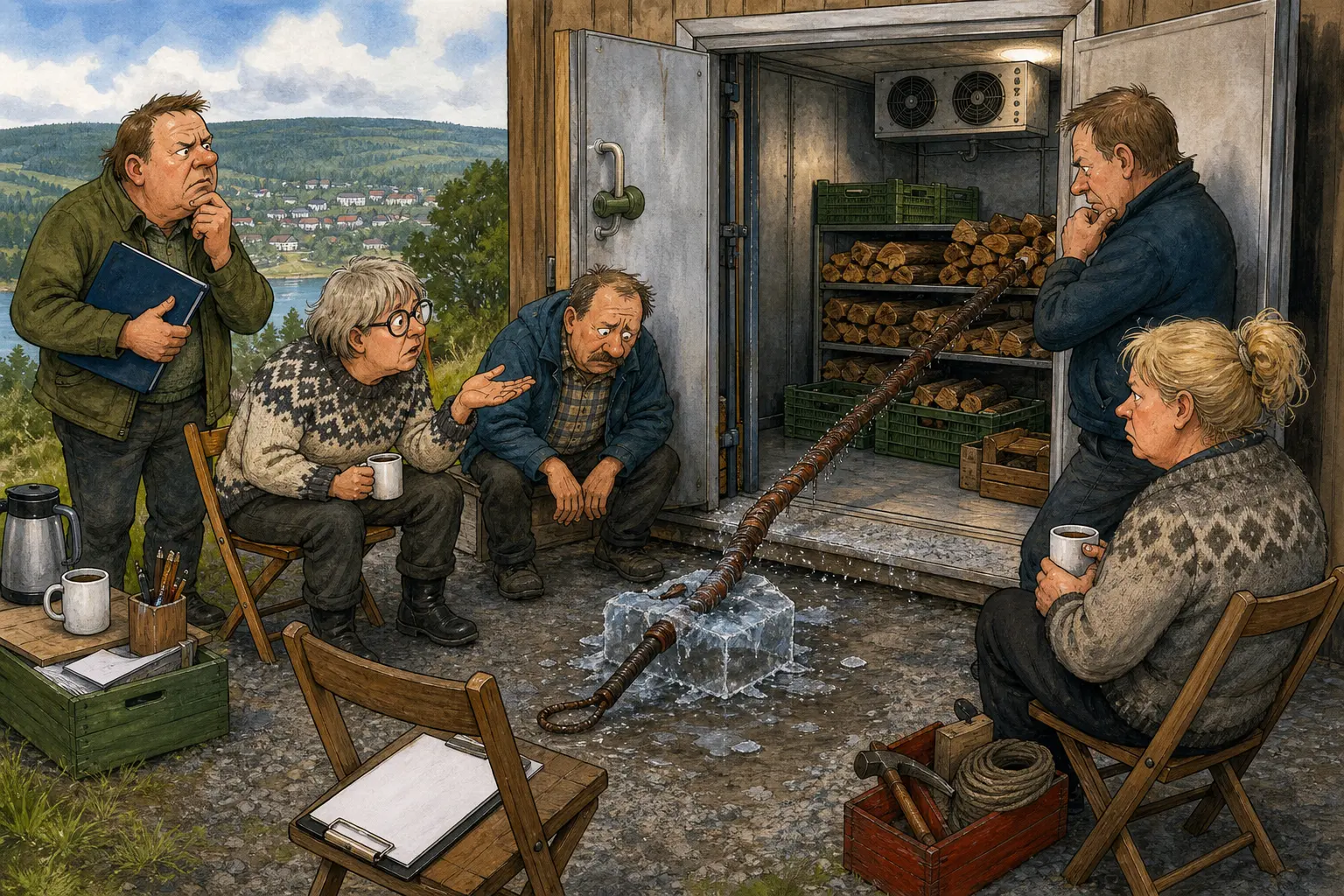 Tegnet støttemotiv til saken Brannpisk frøs fast i forebyggende ved: Prøveordningen SløktFørStart skulle påvise fravær av flamme. Motivet knytter saken til Bjarte Lunkevik, Mildrid Klyvnes og Mellomrommet Kafé og Brunsauslaboratorium.