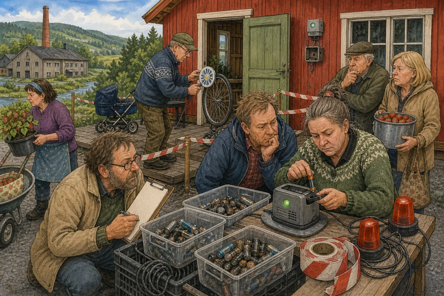 Tegnet hovedmotiv til saken Myggjager slått av før jordbærkvelden: En grå ultralyd-myggjager med grønt lys har vært fast inventar ved Kaffekroken ved Pumpehuset.
