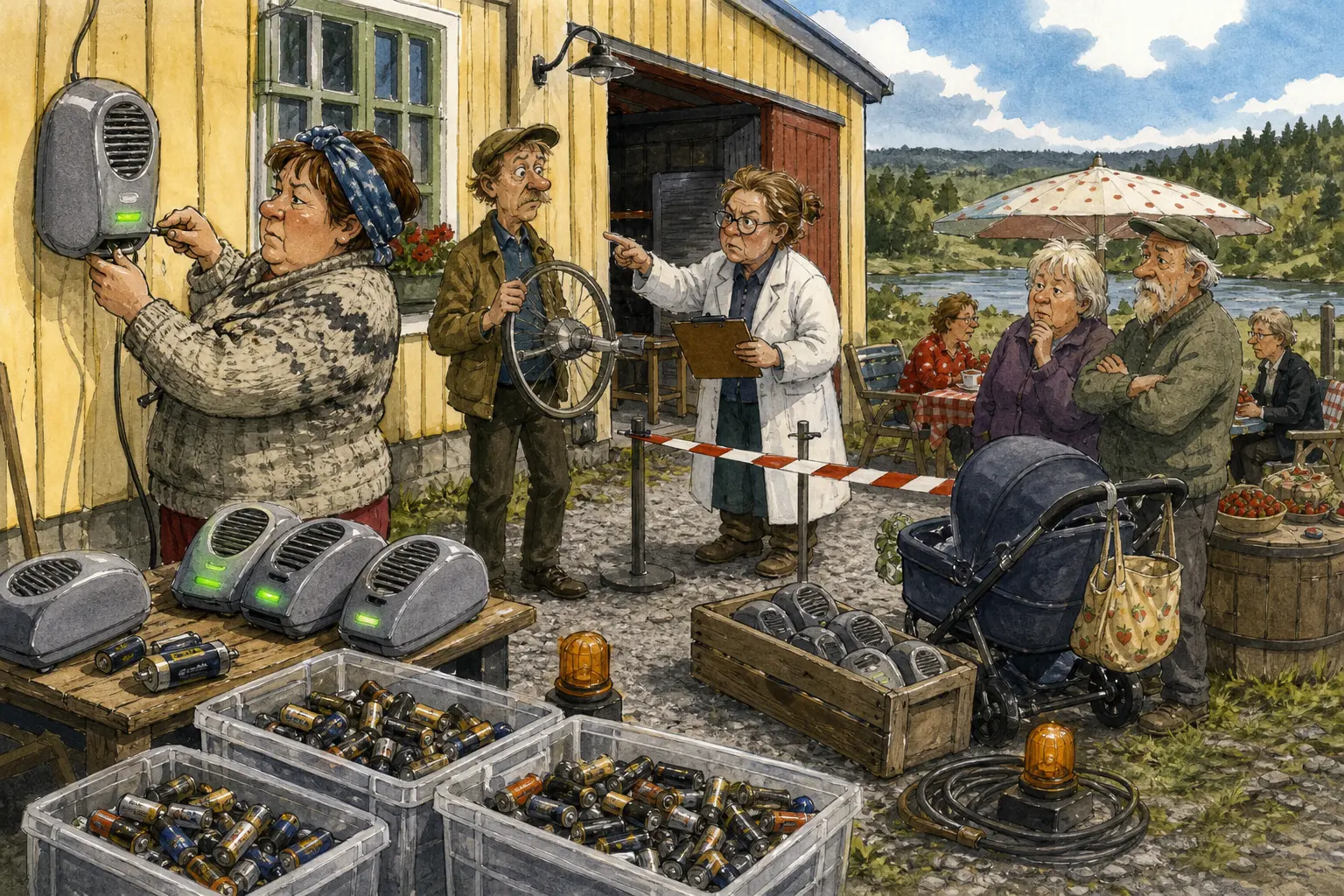 Tegnet støttemotiv til saken Myggjager slått av før jordbærkvelden: En grå ultralyd-myggjager med grønt lys har vært fast inventar ved Kaffekroken ved Pumpehuset.