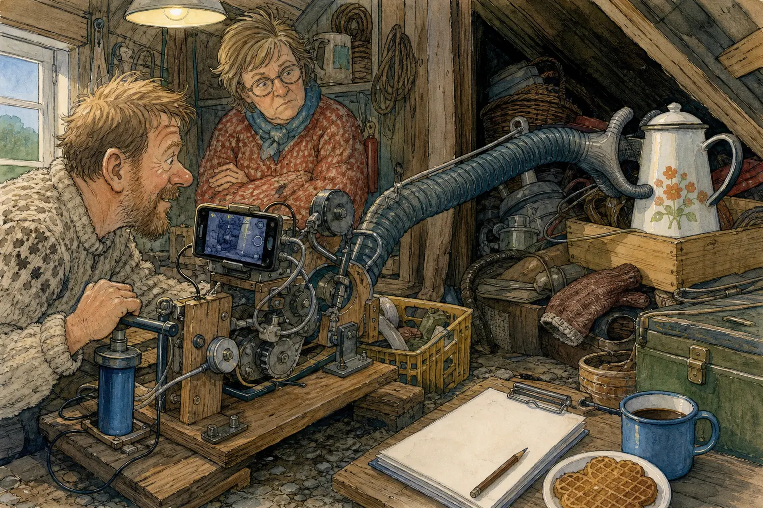 Tegnet hovedmotiv til saken Snabelgreip fant votten, men valgte kaffekanna: Bakomberg Lete- og Finneforening testet Snabelgreip Bakom 1 med støvsugerslange, sykkelpumpe og mobilkamera. Motivet knytter saken til Aslak Vassmo, Skrårommet under Samfunnshustrappa og Lauvvik Kvist & Kaffi.