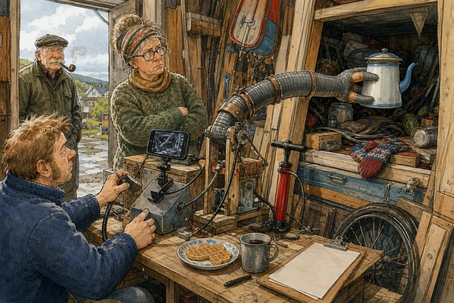Tegnet støttemotiv til saken Snabelgreip fant votten, men valgte kaffekanna: Bakomberg Lete- og Finneforening testet Snabelgreip Bakom 1 med støvsugerslange, sykkelpumpe og mobilkamera. Motivet knytter saken til Aslak Vassmo, Skrårommet under Samfunnshustrappa og Lauvvik Kvist & Kaffi.