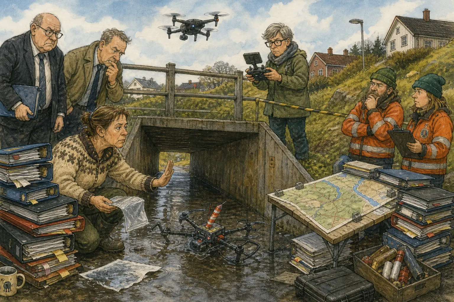 Tegnet hovedmotiv til saken Fyrverkeridrone endte i undergangen: Formannskapet støttet prinsippet om mindre privat fyrverkeri. Motivet knytter saken til Olava Nøkkeldal, Mellomromsmagasinet ved Brustadbakken og Skjærebrettet undergang.