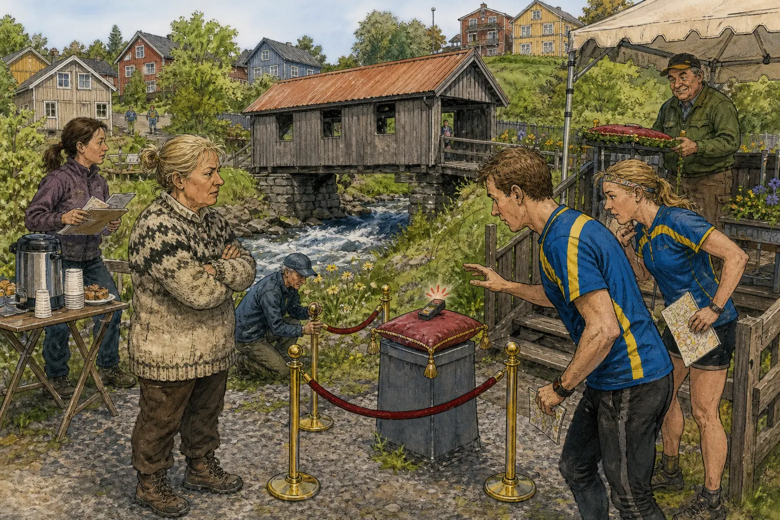 Tegnet hovedmotiv til saken Emit-brikke avgjorde svensk elitesprint ved Gamle Melkebrua: En svensk demonstrasjon av urban elitesprint i Bakomberg fikk en rolig vinner søndag. Motivet knytter saken til Mildrid Klyvnes, Gamle Melkebrua ved Svingstadbekken og Bakomberg Lete- og Finneforening.
