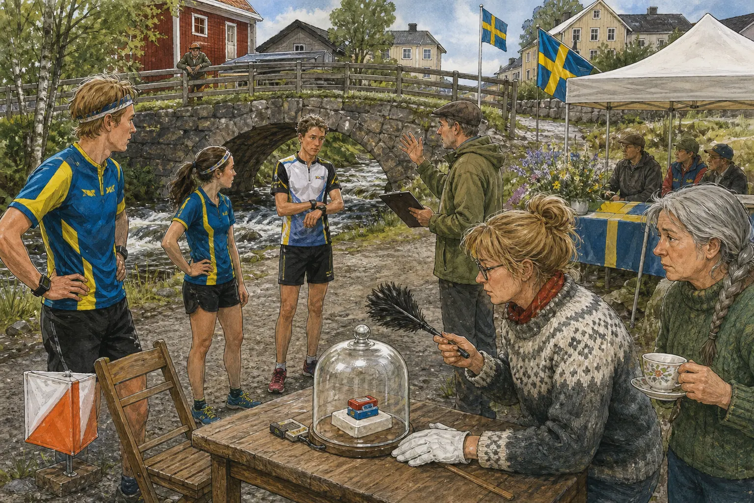 Tegnet støttemotiv til saken Emit-brikke avgjorde svensk elitesprint ved Gamle Melkebrua: En svensk demonstrasjon av urban elitesprint i Bakomberg fikk en rolig vinner søndag. Motivet knytter saken til Mildrid Klyvnes, Gamle Melkebrua ved Svingstadbekken og Bakomberg Lete- og Finneforening.