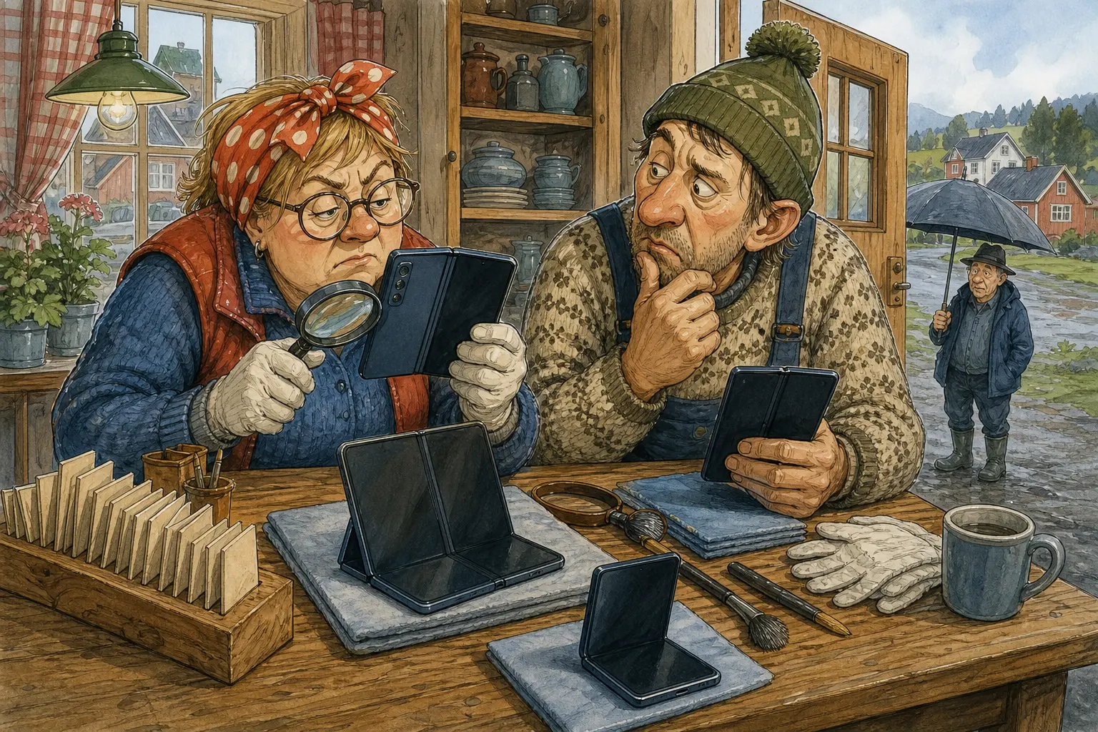 Tegnet hovedmotiv til saken Gemini-merket på Fold 8 må sjekkes før kjøp: Den brettbare Samsung-telefonen kan være nyttig for folk som vil tidlig inn i Googles nye AI-løp. Motivet knytter saken til Henny «Halvpris» Skruvold, Askel Humlebrekk og Skrattkomfyren Kafé & Middagsro.