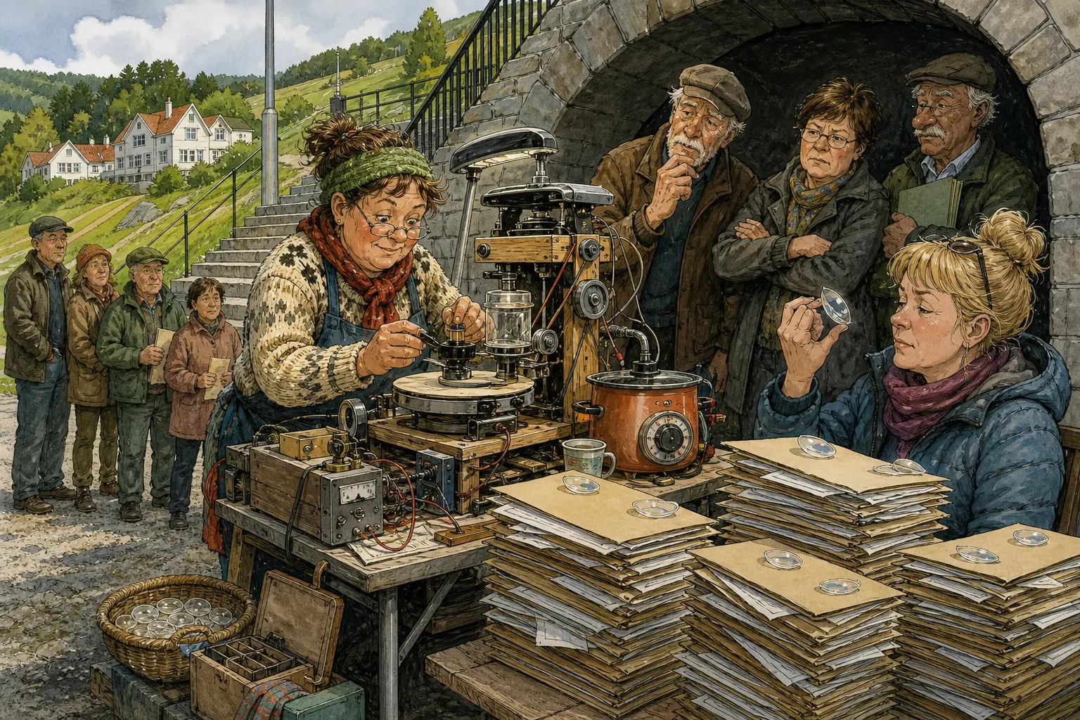 Tegnet hovedmotiv til saken Linseprinter ved Lufteluka ga navnelappene for stor tyngde: Med bibliotekskanner, syltetøyglass-holder og suppetermostat fra Nattlokket bygde Solveig Pallesen en lokal prøve-linseprinter ved Arkivtrappa.