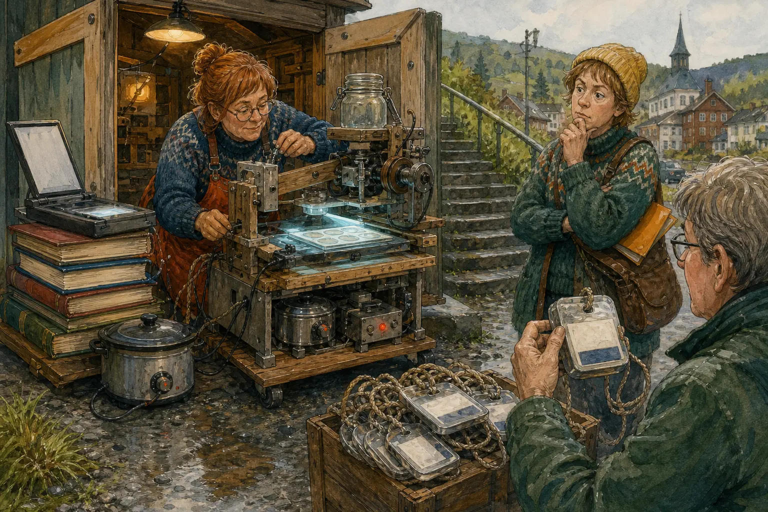 Tegnet støttemotiv til saken Linseprinter ved Lufteluka ga navnelappene for stor tyngde: Med bibliotekskanner, syltetøyglass-holder og suppetermostat fra Nattlokket bygde Solveig Pallesen en lokal prøve-linseprinter ved Arkivtrappa.